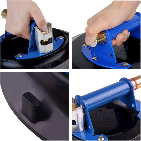 Close-up of Beefy 10 Inch Metal Vacuum Suction Cup with metal handle and brass pump, showcasing parts and features for lifting.