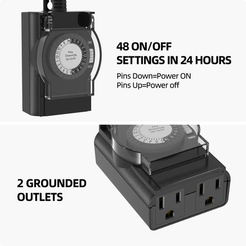 Outdoor Weatherproof Timer Outlet With 24 Hour Mechanical Light Timer, close-up of timer dial and two grounded outlets