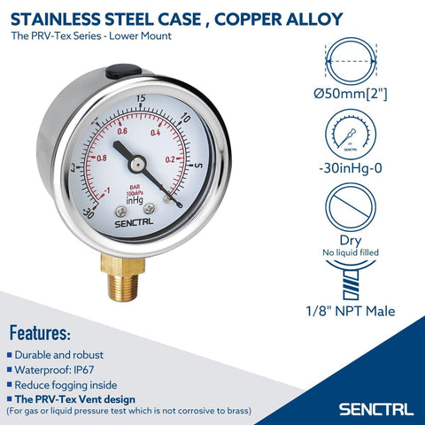 Go-To 30 InHg Vacuum Pressure Gauge With 2 Inch Dial, Lower Mount One Eighth NPT, Waterproof Stainless Steel Case