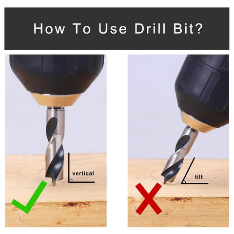 How To Use Drill Bit? Demonstration of Heavy Duty Brad Point Stubby Drill Bit Set For Woodworking with correct vertical position.