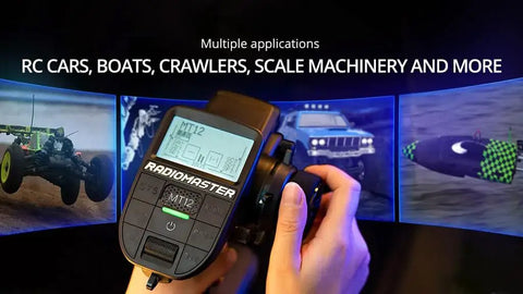 MT12 Open Source Surface Radio With ExpressLRS Receiver For RC Cars And Boats, handheld with screen display and controls.