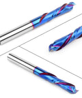 Up And Down Spiral Router Bit With Quarter Inch Shank And Quarter Inch Cutting Diameter, One Inch Cutting Length, Two And A Half Inch Total Length, Pro Grade Solid Carbide CNC End Mill With Nano Blue Coating For Wood Carving Engraving And Milling in a side-by-side view.