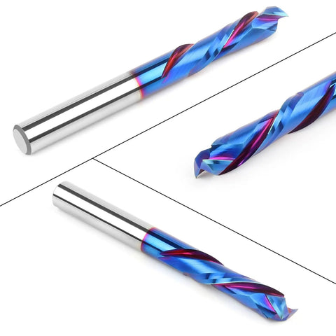 Up And Down Spiral Router Bit With Quarter Inch Shank And Quarter Inch Cutting Diameter, One Inch Cutting Length, Two And A Half Inch Total Length, Pro Grade Solid Carbide CNC End Mill With Nano Blue Coating For Wood Carving Engraving And Milling in a side-by-side view.