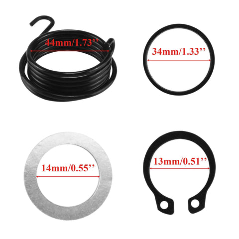 GY6 Kick Start Gear Shaft And Idle Gear Kit components with measurements, including spring, bushing, and circlip for 49cc-80cc scooters.