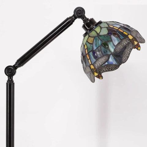 Tiffany Style Stained Glass Floor Lamp With Swivel Arm 72 Inch Tall Angle Adjustable Reading Light Antique Amber Yellow Dragonfly Shade