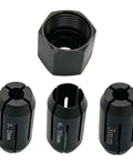 Four Pack Cut Out Tool Collet Chuck Kit For DW660 And DC550 Palm Routers includes three collets and a nut, replacement parts