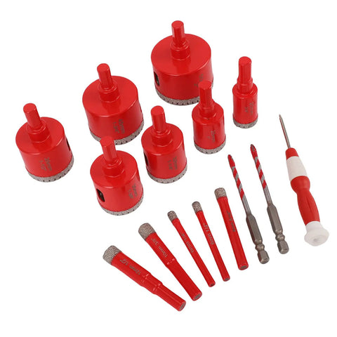 Premium Brazed Hole Saw Kit With 12 High Precision Drill Bits Ranging From Quarter Inch To Two Inches For Wet Dry Use Including Serrated Bits Pin And Stylish Case red diamond drill bits on white background