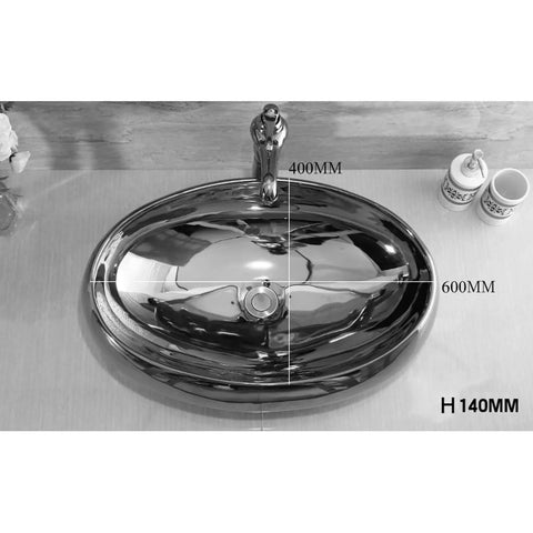 USZWBY Bathroom Vessel Sink European Ceramic Sink Art Basin Chrome Wash Basin Oval Sink Bathroom Sink Washbasin Above Counter Basin with Faucet,Silver Bathro top view showing dimensions and sleek chrome design.