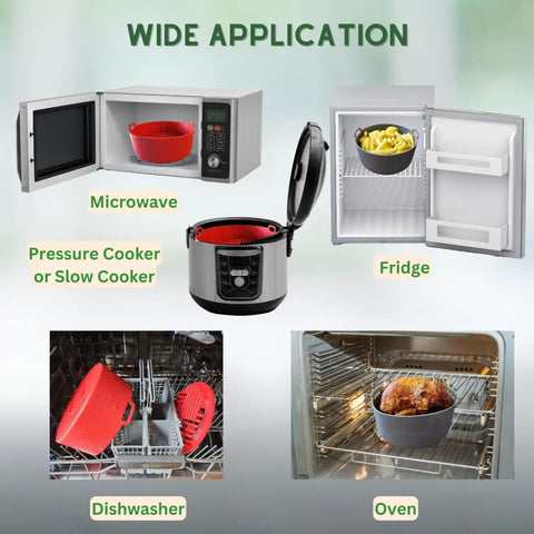 Sturdy Silicone Air Fryer Liners For 5 To 8 Qt Baskets shown in microwave, fridge, oven, pressure cooker, dishwasher for versatility.