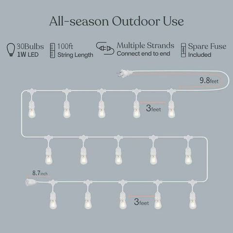 Diagram of Go To Outdoor String Lights 100Ft With 32 Dimmable Shatterproof 1W Bulbs, showing connection and dimensions