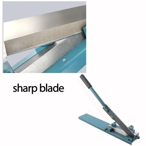 Manual Din Rail Cutter Portable Cutting Machine for PVC Trunking, close-up of sharp blade and full view of cutting tool in blue frame.