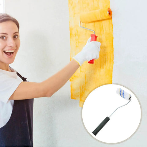 Woman using Top Shelf Three Piece Paint Roller Brush Set With Comfort Grip Handle And Ultra Soft Protective Bristles for DIY.