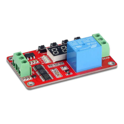 Red DC 12V Programmable Time Delay Relay Module with LED display, 18 delay modes, for smart home automation, front angle view