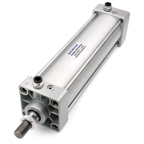 Pneumatic Air Cylinder With Two And A Half Inch Bore And Four Point Nine Two Inch Stroke Heavy Duty Double Acting Single Rod M Sixteen By One Point Five Threaded Rod Includes Two Push In Fittings For Three Eighths Port, front view of metal cylinder