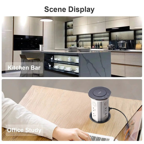 Total Game Changer Smart Motorized Pop-Up Power Station on kitchen bar and office desk showing AC outlets and USB ports.
