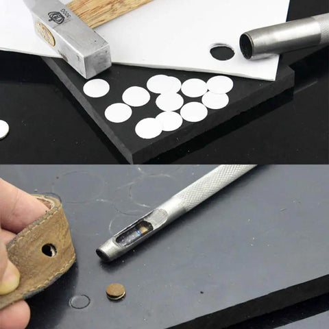 Using Heavy Duty Leather And Canvas Hole Punch Set on leather and paper, showing holes and tool with ergonomic grip.