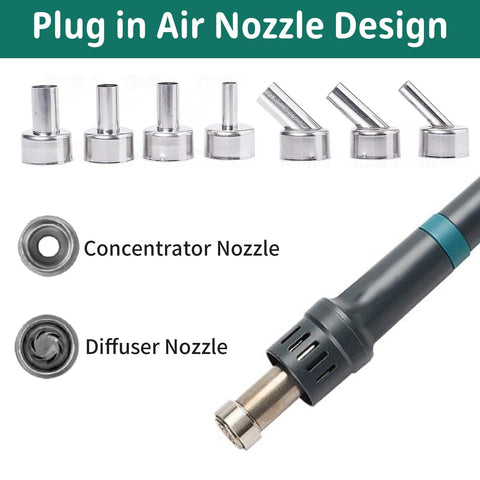 Hot Air Rework Station 1000W With 7 Nozzles, LCD Display, And Channel Control, showing nozzle variety for precise PCB repair
