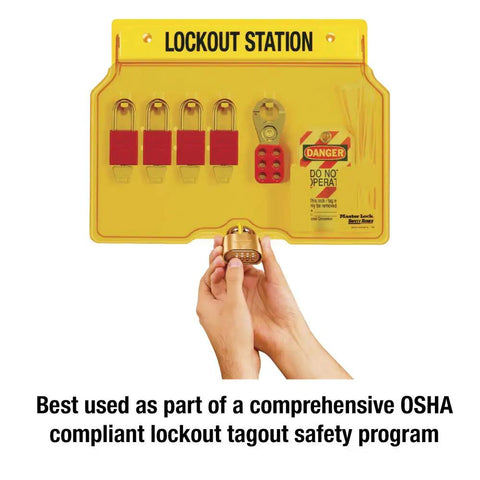 Hands holding Lockout Tagout Padlock Station To Secure Up To 10 Safety Padlocks And Hasps OSHA Compliant One Piece Molded Design