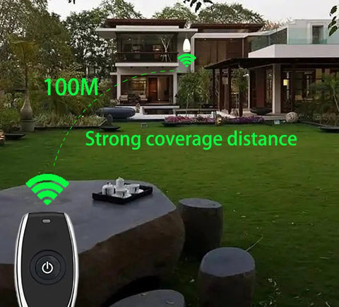 12V Wireless Remote Control Relay Switch With 10A Output, Long Range 328ft, displayed outdoors showing coverage range