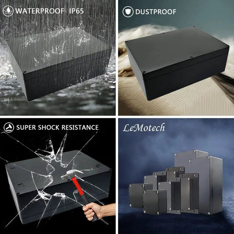Pro Grade Abs Plastic Project Box Featuring IP65 Beat The Rain Seal For Garage Builds And Roofline Work Kickass Junction Housing in black, showcasing waterproof features.