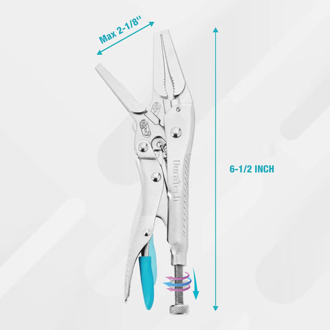 Long Nose Locking Pliers With Wire Cutter, Built Tough Chrome Vanadium Construction, shown in open position, 6-1/2 inch size