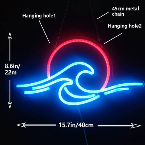 Sunrise Sunset Neon Sign Dimmable Wave Ocean Neon Wall Light For Living Room Bedroom Office Bar Party Christmas Ice Blue Red Color Options Tropical Lit Vibe Decor, featuring red and blue waves.