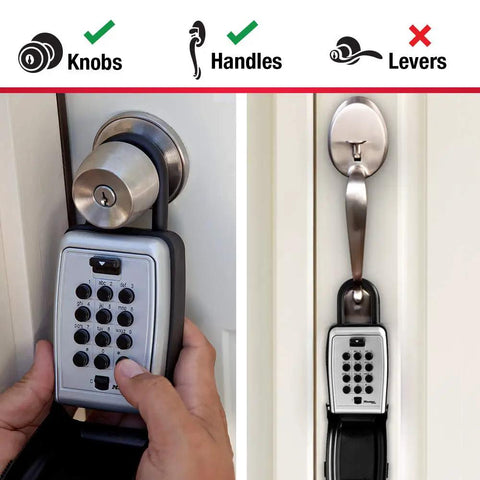Black Outdoor Key Lock Box With Push Button Combination For Easy Key Hiding And Sharing attached to door knob and handle