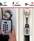 2 Pack Key Safe Lock Box With Push Button Combo, shown mounted on door knobs and handles, not compatible with levers.