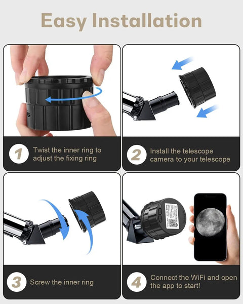 Easy installation of WiFi Eyepiece Camera For Telescopes And Microscopes, showing step-by-step mounting and live view setup.
