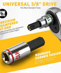 Pro Grade 21-Piece Hex And Torx Socket Set detail with precision chamfered bit and rounded corner design for 3/8 inch drive.