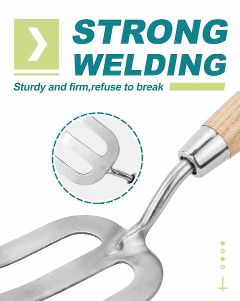 Versatile Weeding Fork Hand Tool With A 12 Inch Wood Handle And 3 Pointed Tines, close-up of strong welding on metal tines.