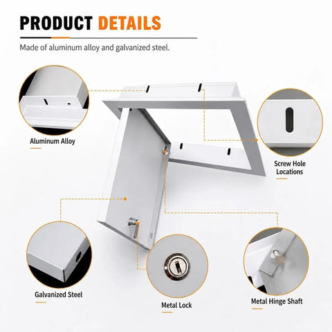 Heavy Duty Locking Aluminum Access Panel For Drywall Ceilings And Interior Walls Featuring Bulletproof Key Guard showing metal lock, screw holes, and hinge.