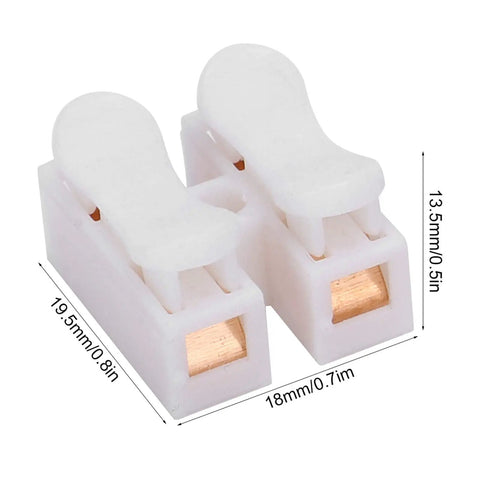 500 Pack 2 Pin 10A 220V Push Wire Connectors with white PVC insulation and spring terminal blocks for LED strips, front view