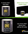 Various sizes of all-in-one black matte paint & primer, including 250ml and 1L cans, for multiple indoor and outdoor uses.