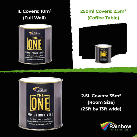 Various sizes of all-in-one black matte paint & primer, including 250ml and 1L cans, for multiple indoor and outdoor uses.