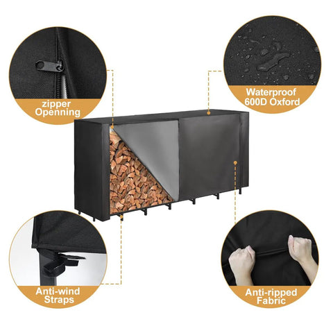 8 Foot Firewood Rack Cover With Front Zipper For Easy Top Access, Waterproof Outdoor Log Shelter, Heavy Duty 600D Oxford Material