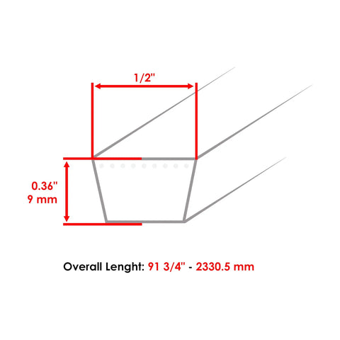 Diagram of V-belt dimensions for Idler Pulley With V Belt Kit For John Deere 100 Series And Scotts Lawn Tractors