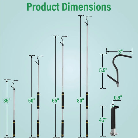Heavy Duty Truck Bed Reach Tool Adjustable 32 To 85 Inch Stainless Steel Cargo Grabber With Dual Replacement Hooks And Cushioned Rubber Sponge Handle For Easy Grabs And Safe Lifting, shown with 35 to 80 in dimensions