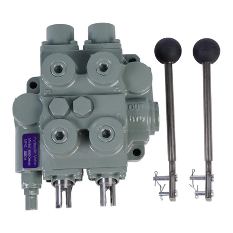 Heavy duty hydraulic valve 25 GPM with two levers for 3000 PSI systems, RD522 model for industrial and agricultural equipment.