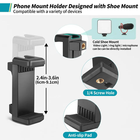 Phone mount holder with shoe mount, 2.4-3.6 inch adjustable, anti-slip pad, for Overhead Desk Mount For Cameras And Webcams With Flexible Boom Arm And 360 Degree Ball Head One Quarter Inch Mount For DSLR Tripods Light Stand Tabletop C Clamp For Ring Light Photo Video Live Streaming.