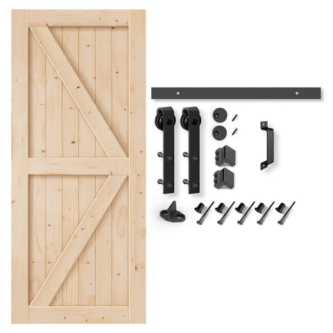 32 Inch By 80 Inch Sliding Barn Door With 5.5 Foot Hardware Kit And Handle Included Easy Install DIY Assembly For Your Home And Storage Spaces K Frame displayed with parts on white background