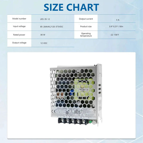 Heavy Duty AC DC Switching Power Supply Delivering A Smooth 35 Watts At 12 Volts And 3 Amps For Rock Solid Automation and Household Gear With No Fuss Setup, size chart included.