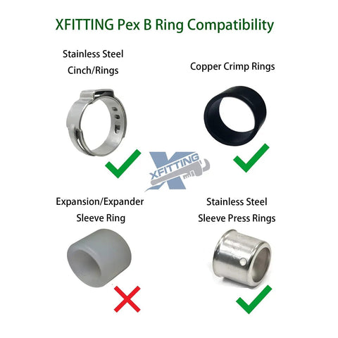 Three Quarter Inch Pex B Sweat Ball Valve Full Port Brass Crimp for Potable Water and Hydronic Heating, 100 Pack, ANSI NSF 61 Approved, Underground and Behind Wall Ready: PEX-B ring compatibility chart