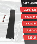 Side view of right outer B-pillar window trim molding, black plastic, for 2015–2020 GM full-size SUVs.