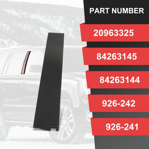 Side view of right outer B-pillar window trim molding, black plastic, for 2015–2020 GM full-size SUVs.