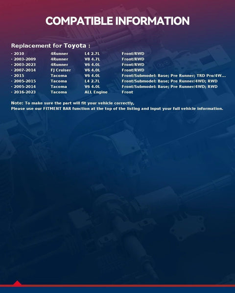 Compatibility information for Toyota vehicles including 4Runner, Tacoma, FJ Cruiser with details on engine type and drivetrain.