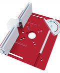 Heavy Duty Aluminum Router Table Insert Plate With Miter Gauge For Woodworking Trimming And Diy Milling That Gives You Bang For Your Buck On Any Bench Setup, featuring a flat red surface and adjustable miter guide.