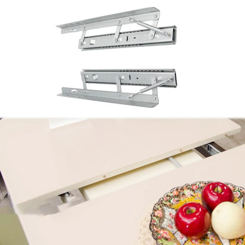 Rock Solid Heavy Duty Extendable Slide Rail Mechanism With Precision Lifting Hinge for No Sweat Adjustments shown with a dining table.