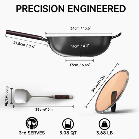 13.5 Inch Carbon Steel Wok Pan With Flat Bottom Preseasoned Nonstick Go To Stir Fry Pan Set With Lid And Spatula dimensions