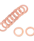 30 Pack M8 Copper Flat Washers Built Like A Tank Sealing Rings 12mm Outside Diameter 1mm Thick, displayed in a line.